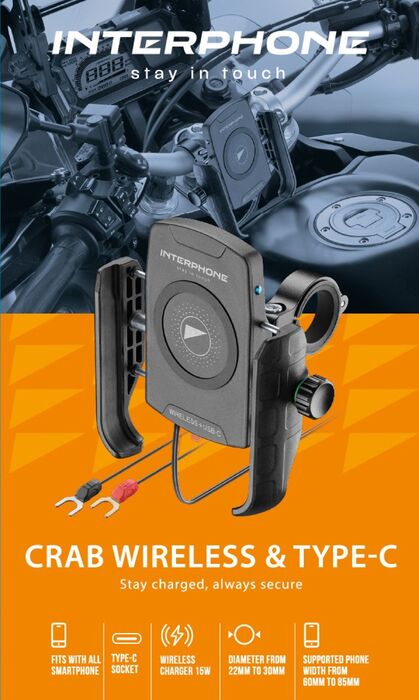 Interphone Wireless charging, phoneholder for 65-90mm wide phone, 12-32mm ba